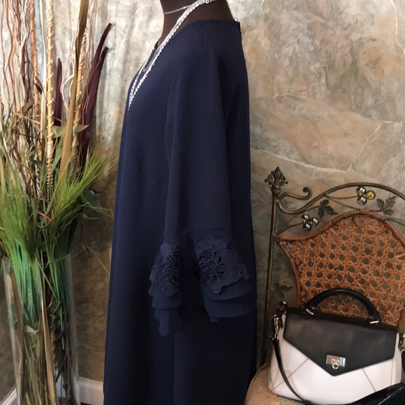 Nina Leonard 🌹 stunning deep rich navy blue dress flowered lace bell sleeve - Picture 9 of 14